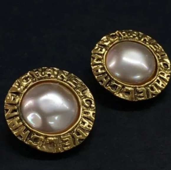 Chanel Logo Gold Tone and Pearl Earrings - Picture 1 of 4